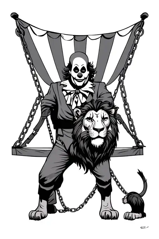 circus tent with sad clown and chained up lion at entrance  tattoo design idea