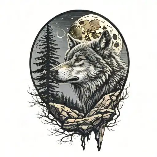 A very realistic wolf howling at the moon, forest, rocks tattoo design idea