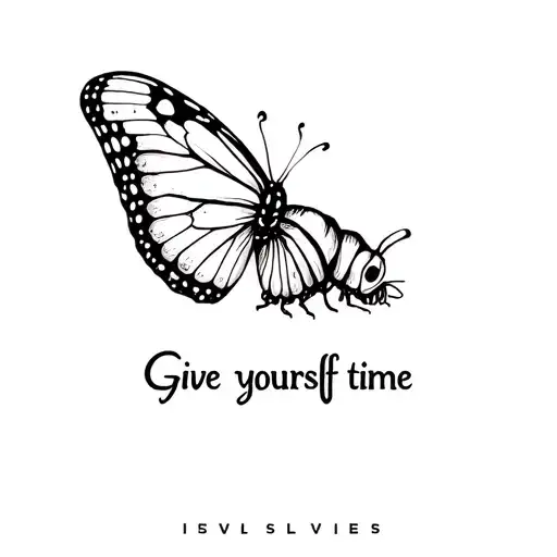 a picture of a caterpillar turning into a butterfly, with the inscription below: Give yourself time tattoo design idea