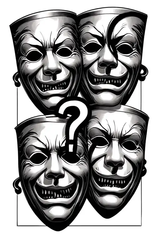 theatre masks tragedy with a question mark between them tattoo design idea