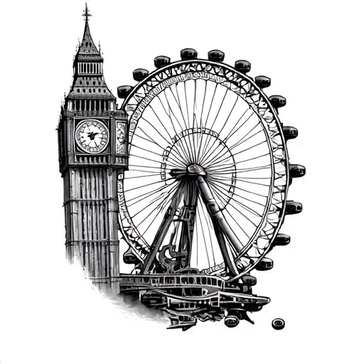 A detailed tattoo of Big Ben and the London Eye intertwined with gears and machinery tattoo design idea