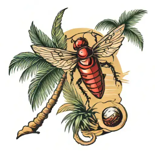 cricket bug and 2 palms tree on the beach scene tattoo design idea