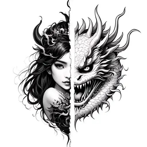 oni mask split in half with girl and a japanese dragon wrapped around it sleeve tattoo design idea