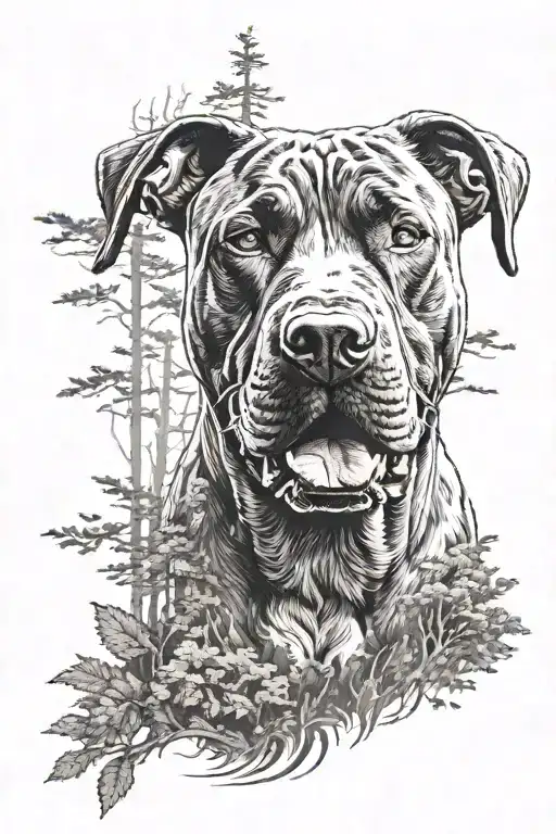 pitbull dog with background of the forest tattoo design idea