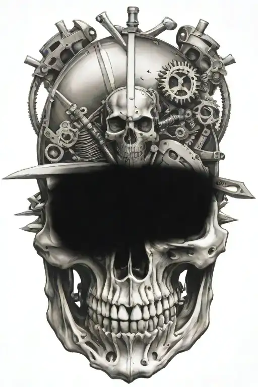evil skull and swords surrounded by engine parts. travelling down a highway tattoo design idea