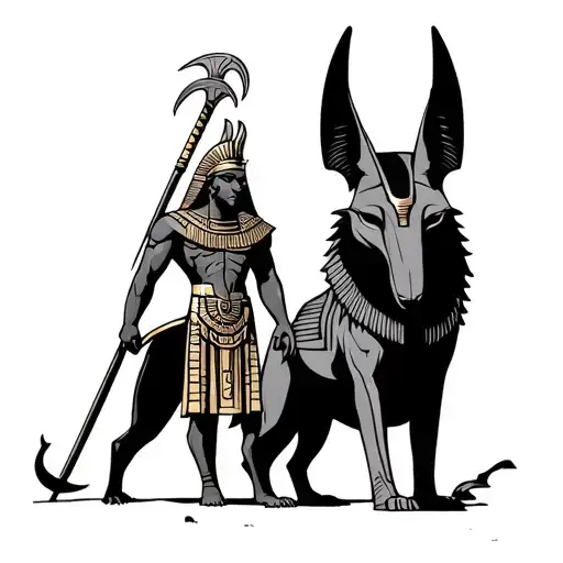 the Egyptian god of war Mountu ra stood with Anubis tattoo design idea