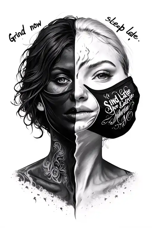 "Grind now sleep later" Half-Face Mask / Two-Faced Figure:	•	One side is a calm, composed face (what the world sees).	•	The other side (cracke tattoo design idea