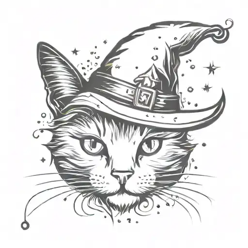 detailed Cat with witch hat and sparkles around it tattoo design idea