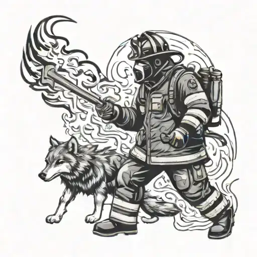 An industrial firefighter battling flames with a wolf silhouette in the background tattoo design idea