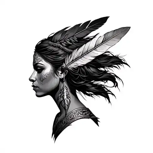 Warrior woman with a feather hawk on her head tattoo design idea