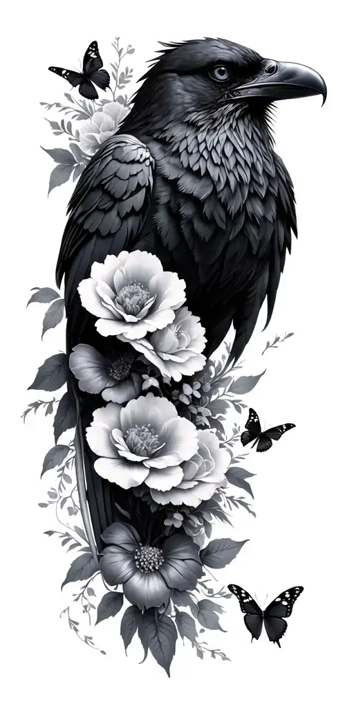 a lot of floral sleeve with raven head and butterflies tattoo design idea