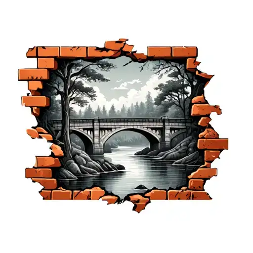 brick wall being torn with picture of bridge river sky woods coming through tattoo design idea