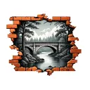 brick wall being torn with picture of bridge river sky woods coming through tattoo design idea