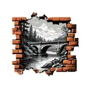 brick wall being torn with picture of bridge river sky woods coming through tattoo design idea