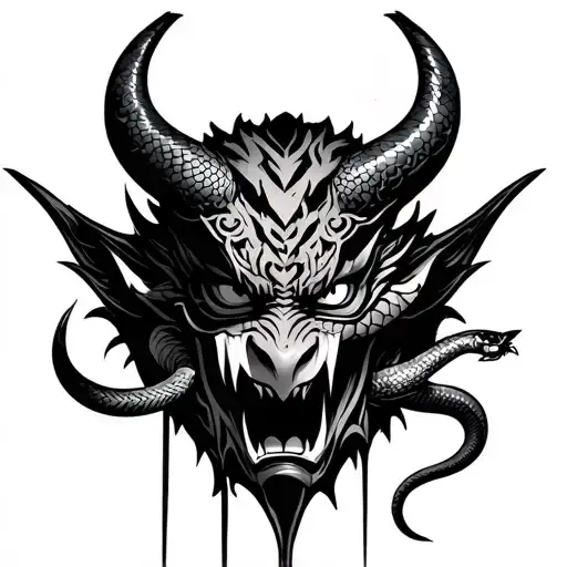 broken Oni mask with snake tattoo design idea