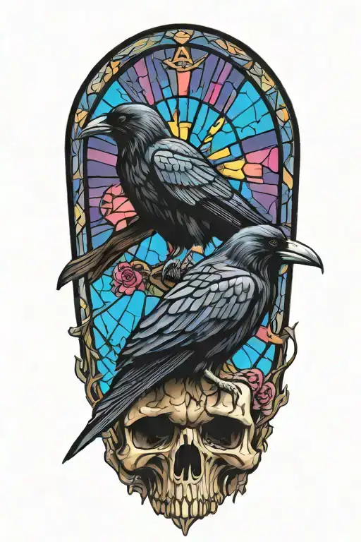raven on skull with stained glass background black tattoo design idea
