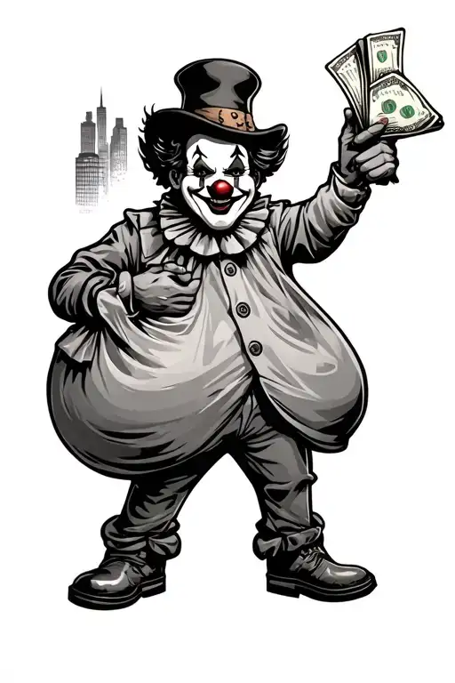 Create a cholo style tattoo of a clown holding a bag of money. the image must contain a city as a background and embedd tattoo design idea