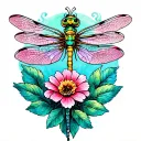 dainty art deco dragon fly with a flower  tattoo design idea
