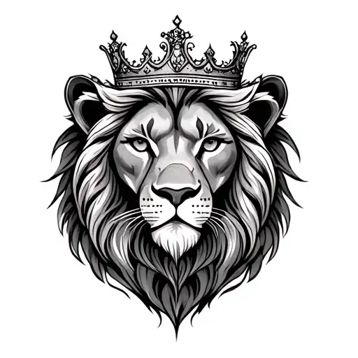 Elegant lion head with crown, fine-line style, gentle and loving expression, symbolizes feminine strength and grace. tattoo design idea