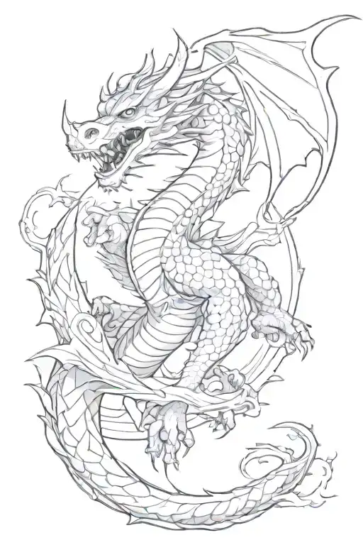The dragon Moon-Wang is around the forearm, rushing forward towards the moon and the sun. The dragon looks friendly. The tattoo design idea