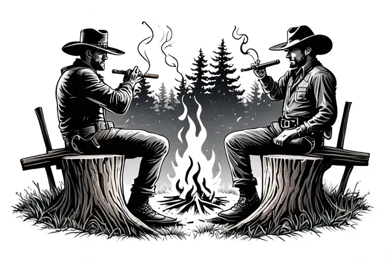 silouette Two cowboys sitting on tree stumps aroud a camp fire smoking cigars  tattoo design idea