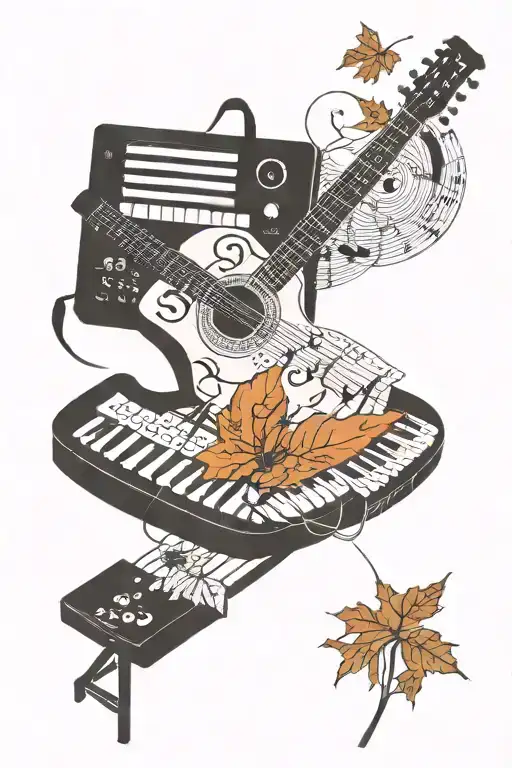 keyboard, guitar, drums, sheet music, maple leaf tattoo design idea