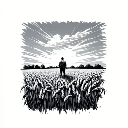 wheat field with a man standing in the distance tattoo design idea