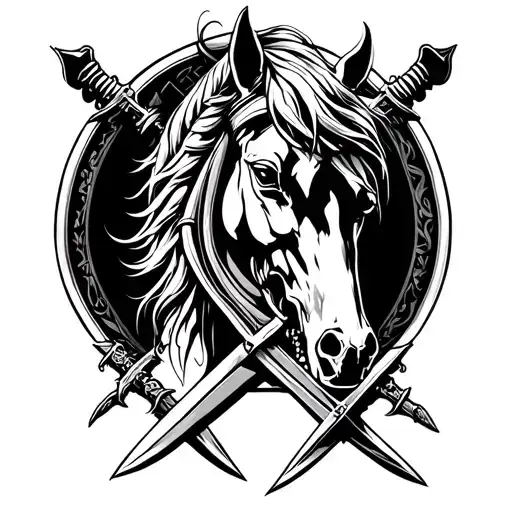 horse chess piece with swords and skulls tattoo design idea