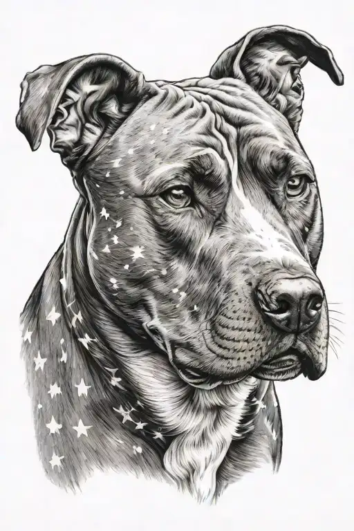 graphite pencil style pitbull head with stars as a background tattoo design idea