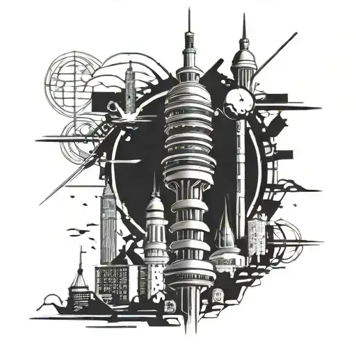 Combine the iconic Fernsehturm tower with elements of Stuttgart's skyline in a futuristic and abstract design tattoo design idea