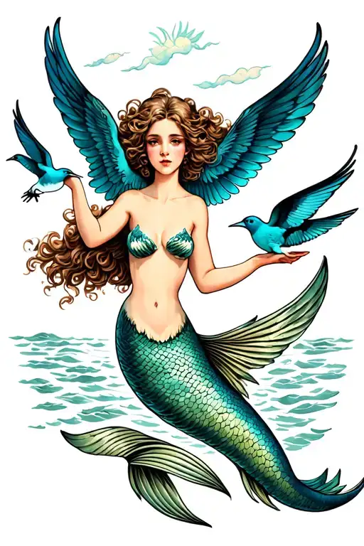 mermaid flying swallows from her hands tattoo design idea