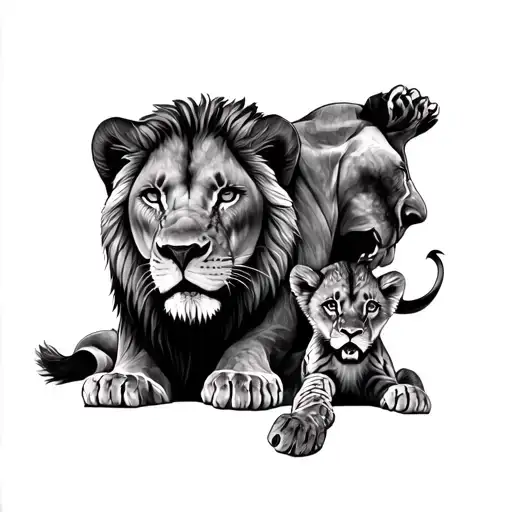 lion eats lioness and cub tattoo design idea