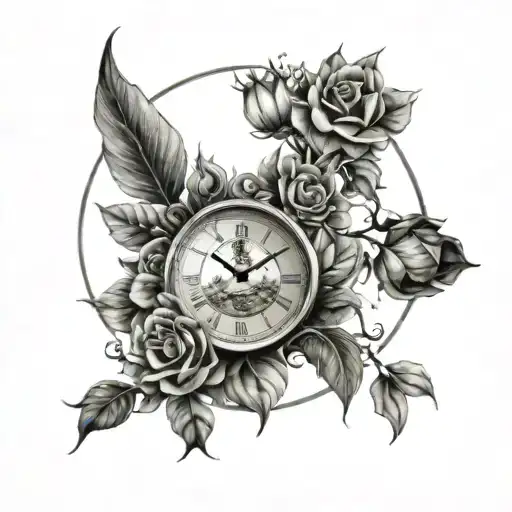 Floral clock in front of a manison and a full moon tattoo design idea
