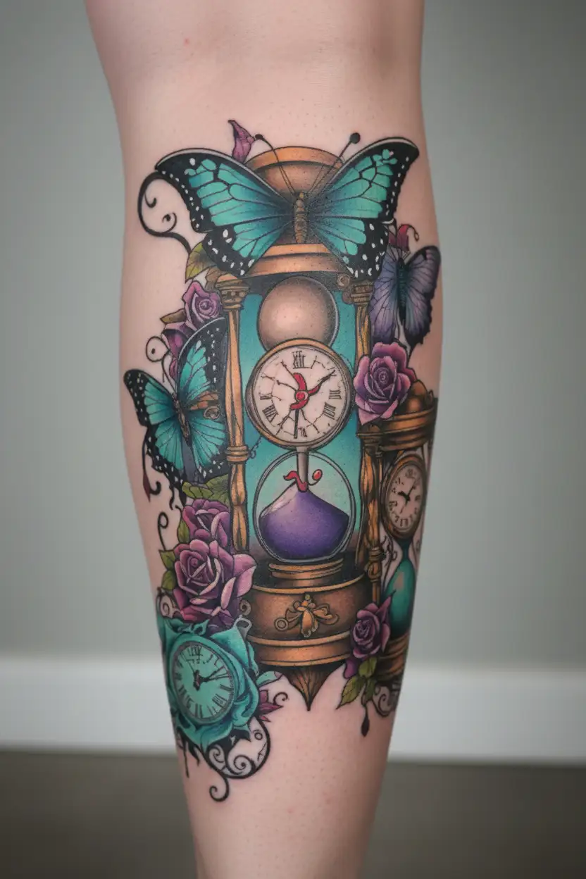 Broken heart, hourglass, 2 clocks, butterflies, purple and teal tattoo design idea