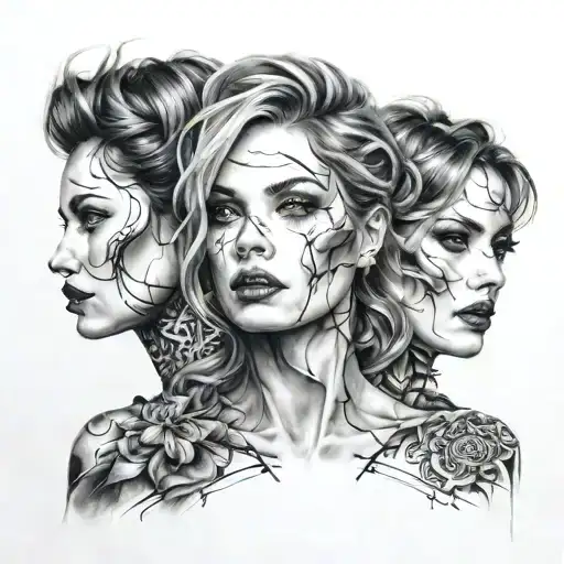 three girl faces overlapping to make tattoo design idea