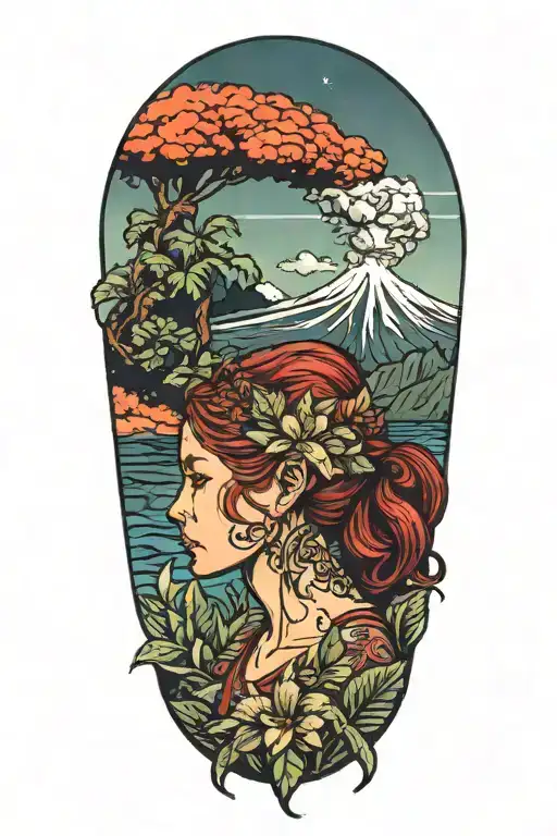 side profile,female, red hair, hawaii, nature, volcano explosion tattoo design idea