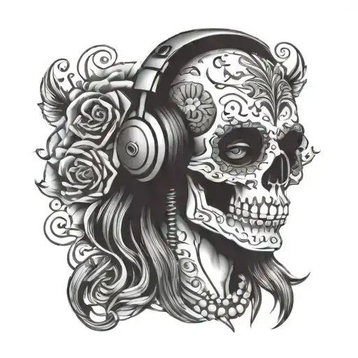 Bad Romance Sugar Skull wearing headphones tattoo design idea