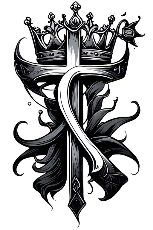 a minimalist tatoo design with a sideways cross (like the attached image prompts), a crown at the top long end of the cr tattoo design idea