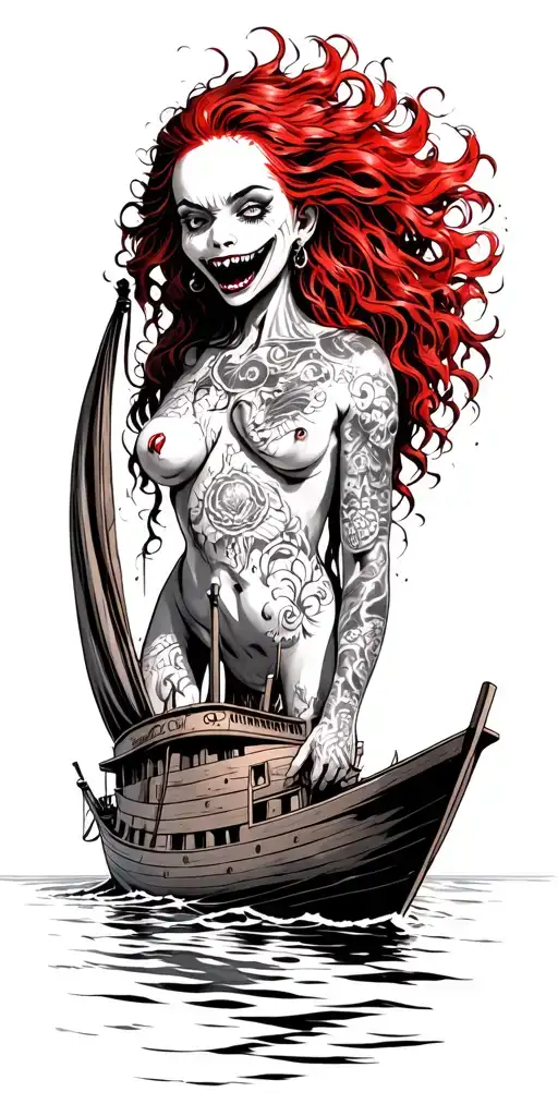 giant ugly siren crushing an sinking a big wooden boat, everything is black and white but her hair is bright red tattoo design idea