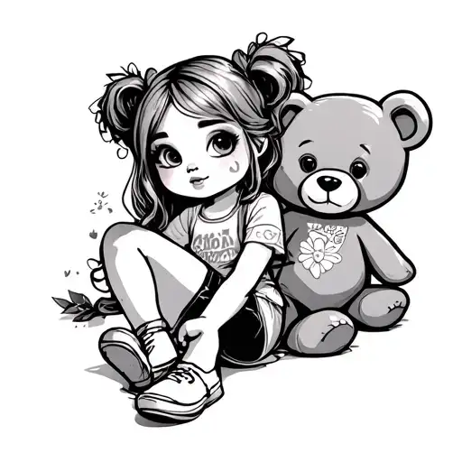 girl sitting cartoon style with teddy bear tattoo design idea