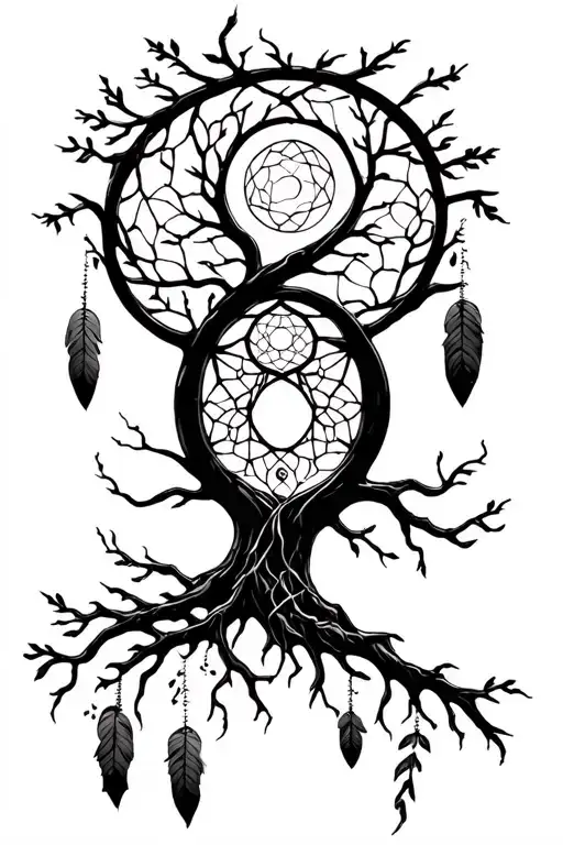 tree of life, moon, and dream catcher entangled tattoo design idea