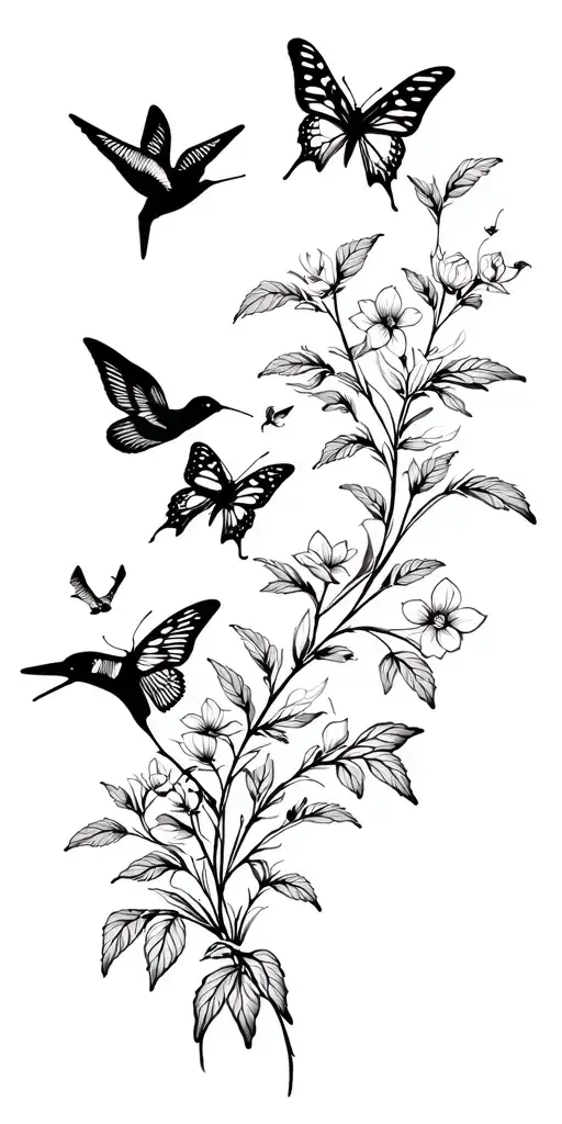 Garden scene with butterflies and humming birds tattoo design idea