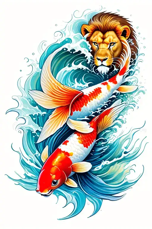 koi fish swimming upstream in ocean waves with lion face above it tattoo design idea