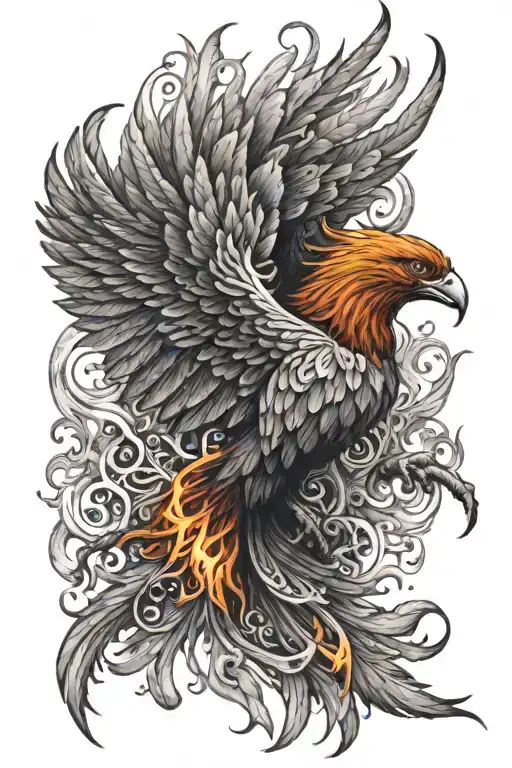 Fierce phoenix rising from flames centered and wings wide opening symmetrically.  tattoo design idea