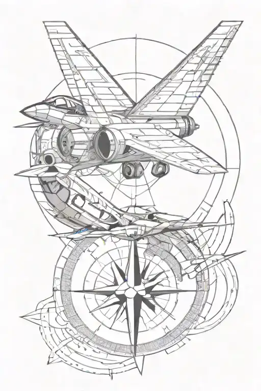 fibonacci sequence with compass design and fighter jet   tattoo design idea