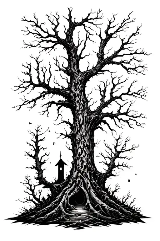 A black-and-white forearm tattoo illustration of a sweet but eerie haunted forest. The design features many slender, twi tattoo design idea