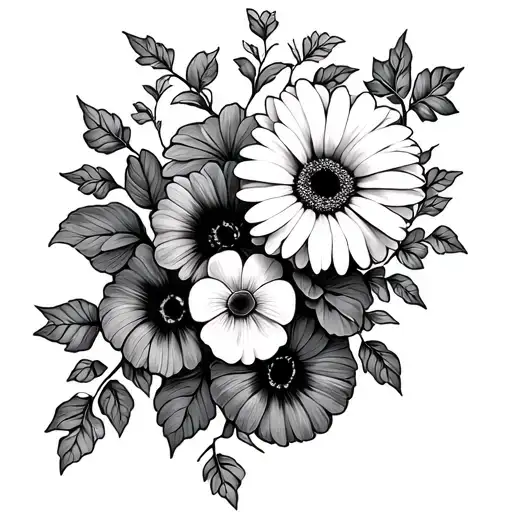 ivy vines wrapping with gerbera daisy and pansies blooming tattoo design idea