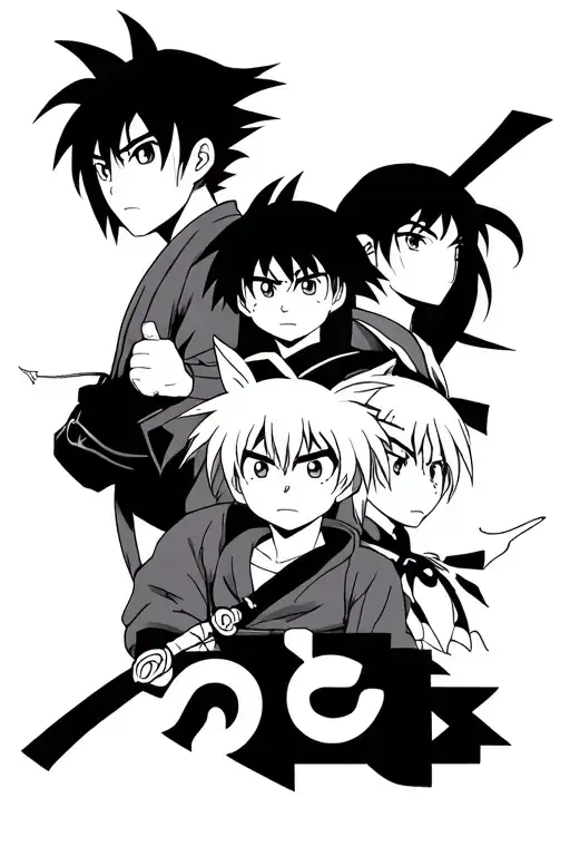 inuyasha, one piece, bleach, dragonball z, naruto, rurouni kenshin. all separate characters merged tattoo design idea