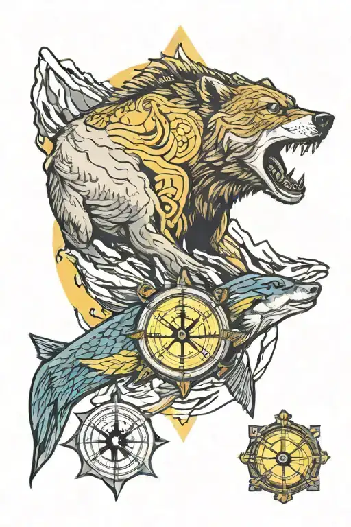 fish, wolf, brown bear, number 2, topaz, silver, yellow color, sports symbol, firefighter symbol, compass, mountain tattoo design idea