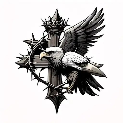 Christian cross made of 3 nails only with crown of thorns and eagle tattoo design idea